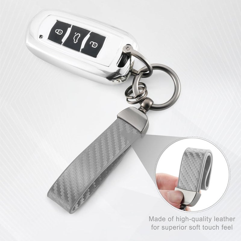 JUSTTOP Leather Keychain, Carbon Fiber Car Key Chain with Anti-Lost D-Ring and 2 Key Ring, Keychain Wristlet, Car Accessories, Universal Keychain for Men and Women (Grey) - Image 3